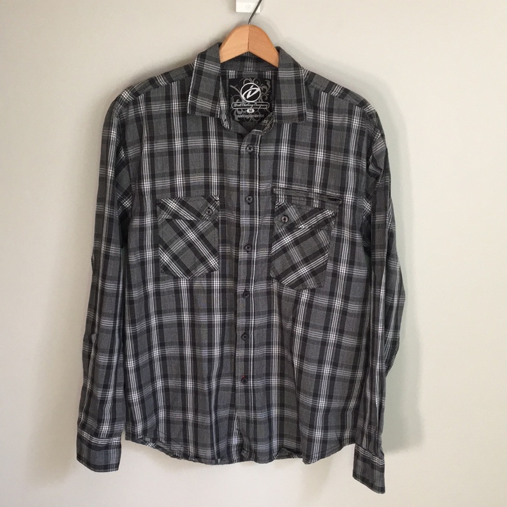 EUC Men’s gray plaid button down long sleeve shirt, size medium, Drill clothing